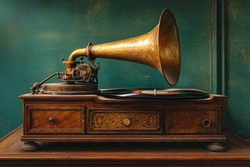 Antique gramophone with a large brass horn plays a vintage record on a wooden cabinet.
