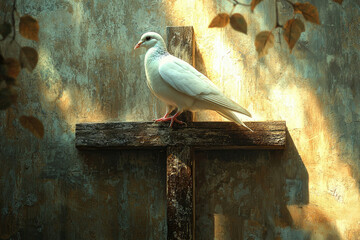 A white dove perched on a rustic wooden cross, bathed in sunlight, symbolizes peace and hope.