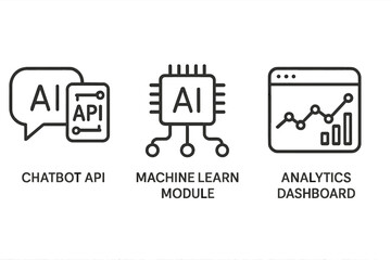 Ai integration icons - chatbot api, machine learning module, analytics dashboard vector icon isolated illustration