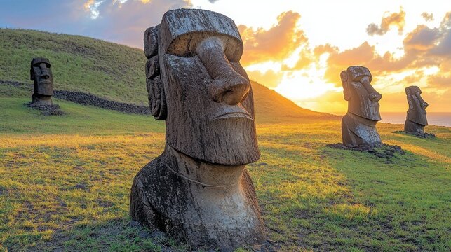 Massive stone statues at sunrise, Easter Island.  Sunrise over ancient moai