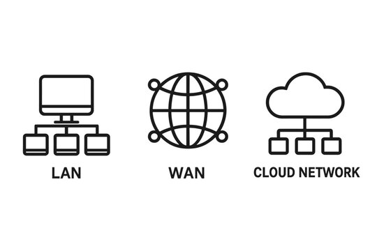 Lan, wan, and cloud network diagram with icons on gray background vector icon isolated illustration