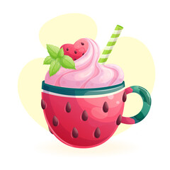 Delicious dessert in a watermelon cup on a yellow background. The concept of confectionery, baking, cooking. Isolated vector illustration for menu design, posters, banners, covers