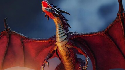 Fire-breathing dragon flying against dark sky – fantasy 3D animation
- Powered by Adobe
