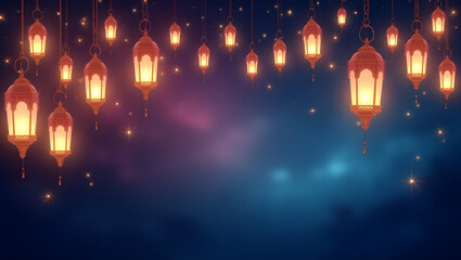 Obraz premium Eid-themed background with glowing lanterns and night sky.