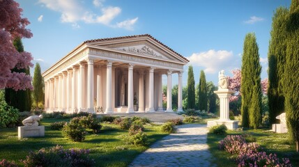 Obraz premium Serene Temple in a Blossoming Garden: A Digital Rendering of Classical Architecture