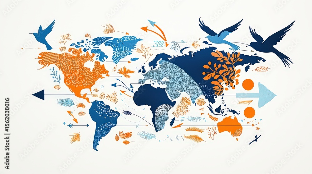 Poster a world map illustration showing swallow migration routes with arrows and seasonal labels
