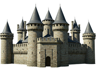 Fototapeta premium Majestic stone medieval castle with multiple towers and conical roofs isolated on transparent background