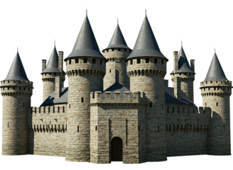 Majestic stone medieval castle with multiple towers and conical roofs isolated on transparent background