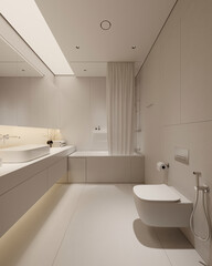 Modern bathroom with bathtub, big sink, square mirror, minimalist decor and indirect led lights ceiling. 3D Rendering