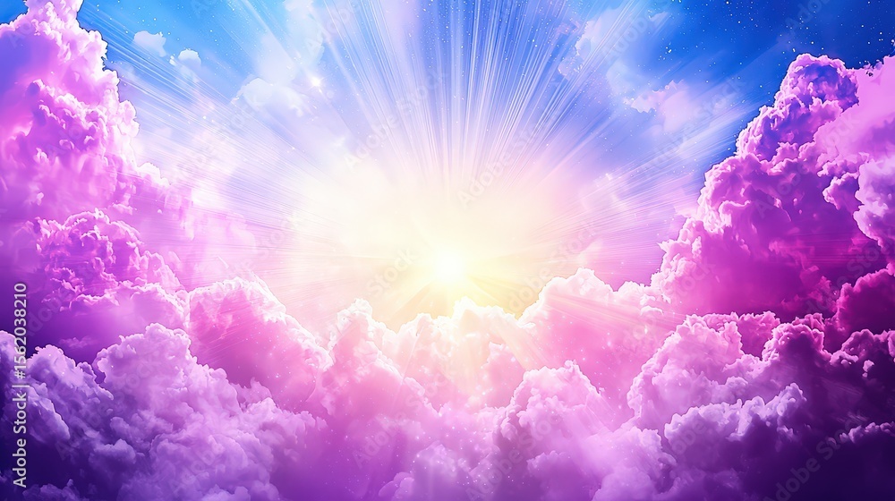 Poster abstract clouds in a gradient of purple hues with rays of light breaking through, giving a divine an