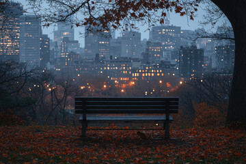A solitary bench in an autumnal park overlooks a city skyline at dusk, bathed in soft light.