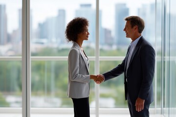 Professional handshake between african adult female and caucasian adult male in modern office