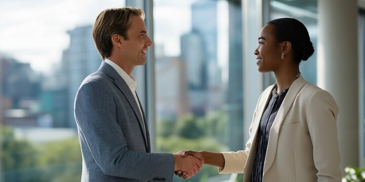 Business meeting between diverse professionals in modern office setting