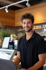 Fototapeta premium Young caucasian adult male barista smiling in modern cafe setting