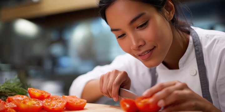 Young asian female chef slicing tomatoes in professional kitchen setting