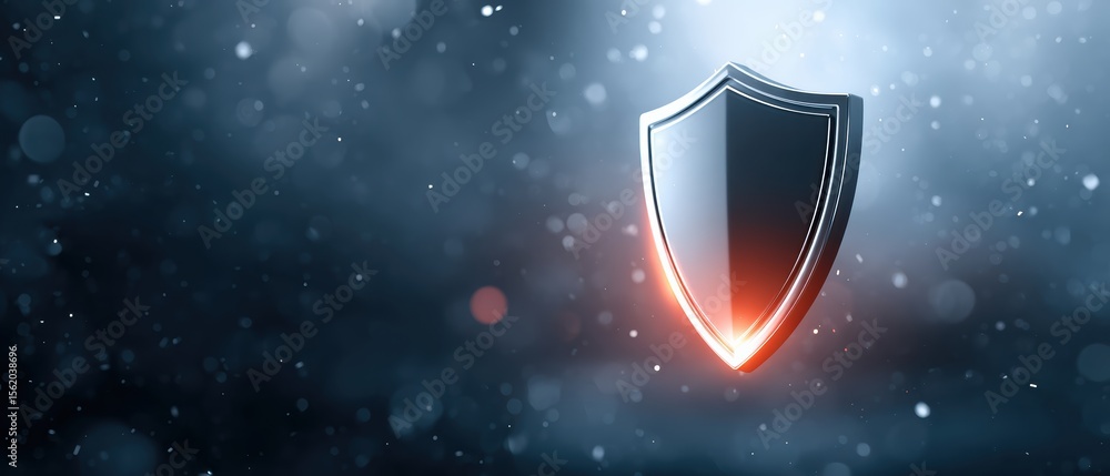 Poster a glowing shield icon floating in a dark, bokeh-filled background, symbolizing protection and securi