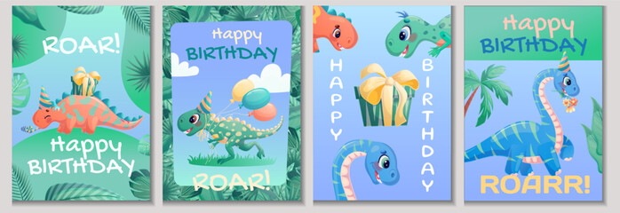 Set of children's birthday greeting card with dinosaurs. The concept of a birthday party, celebration, congratulations, invitations. Vector illustration.