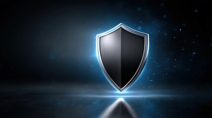 Fototapeta premium A sleek, futuristic black shield with a glowing blue outline stands against a dark, digital background symbolizing cybersecurity and protection.