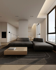 Open space living room and kitchen interior with large windows, cozy sofa, dining table and hardwood flooring. Modern design solution, 3d rendering