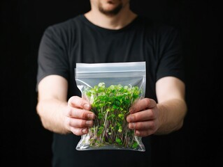 A man stands with outstretched arms, showcasing a sealed packet filled with vibrant microgreens grown in a vertical farming method, highlighting sustainable agriculture
