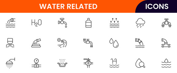 Water-Related vector web line icon collection, sleek illustrations of waves, drops, EV tech, and sustainable aquatic systems for eco-designs.