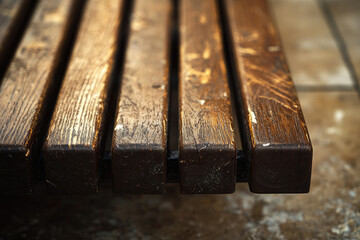 Close-up view of a weathered wooden park bench, showcasing its texture and dark brown color.