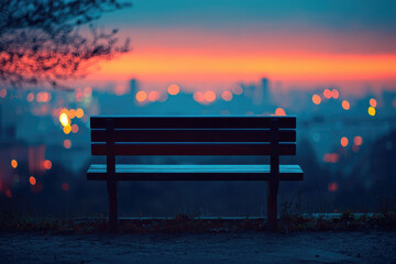 A lonely park bench at sunset overlooks a city skyline, bathed in the warm glow of twilight.
