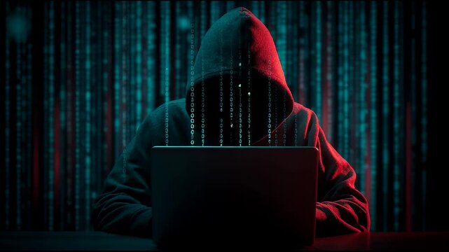 Anonymous Hacker Using Laptop, Digital Cybercrime, Binary Code Background