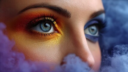 Close up of a woman s striking blue eyes with vibrant orange and blue eyeshadow and wisps of purple smoke