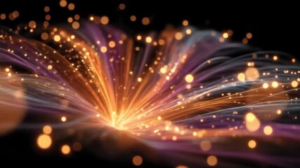 Abstract Particle Burst: Golden Light Streaks with Purple and White Flowing on Black - Powered by Adobe