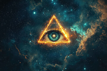 A fiery triangle encompassing an eye, set against a cosmic backdrop of stars and nebulae.