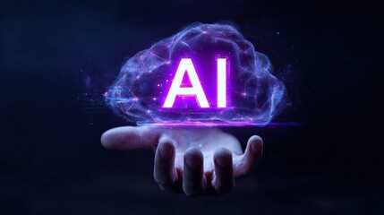 AI Cloud Technology in Hand Glowing Artificial Intelligence Concept on Dark Background.