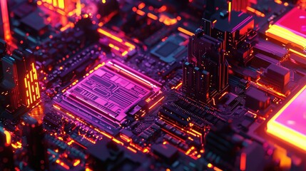 Fototapeta premium Abstract digital circuit board with glowing components.