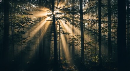 Obraz premium Sunbeams illuminate misty forest at sunrise