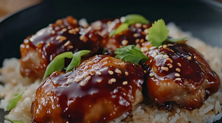Close up of chicken thighs glazed with rich sauce, served bed of fluffy rice, garnished with green onions and sesame seeds, creating delicious