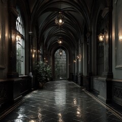 Obraz premium Gothic architecture in a dark corridor with archways, windows, pendant lights, potted greenery, and a polished floor creating a moody atmosphere.