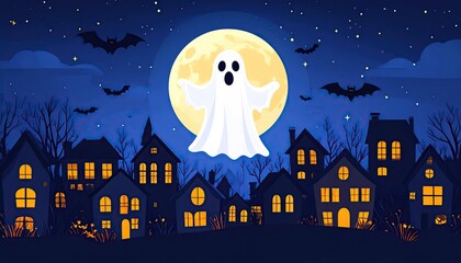 Halloween Ghost Town Night Sky Bats Moon.
