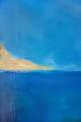 Laconic seascape with space for text. Original painting turquoise blue water surface with land on skyline.