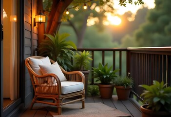 Obraz premium Golden autumn in a country house. Beautiful terrace in a private house. Golden autumn in a country house. Autumn sunset on the terrace. Hammock on the terrace