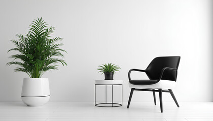 Modern Minimalist Room with Black and White Furniture and Green Plant