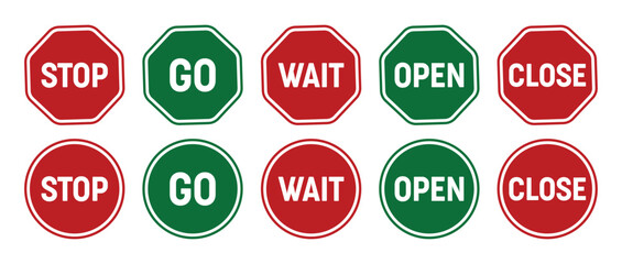 Go, Stop, wait, open and close signs set red and green octagon shapes vecto design illustration