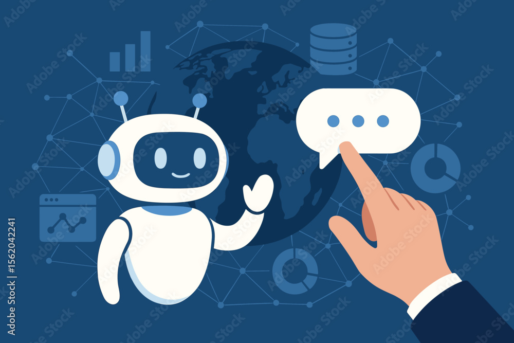Poster ai chatbot illustration. hand interacts with robot assistant for global data network access. machine