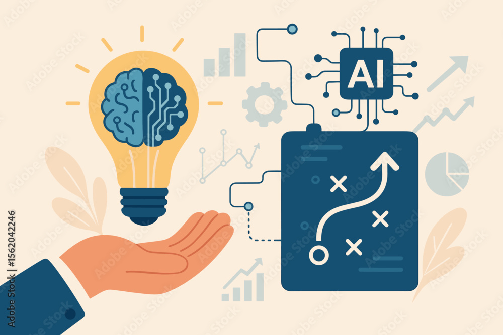 Aufkleber ai and machine learning concept. hand holding light bulb with circuit brain for new idea and inspira
