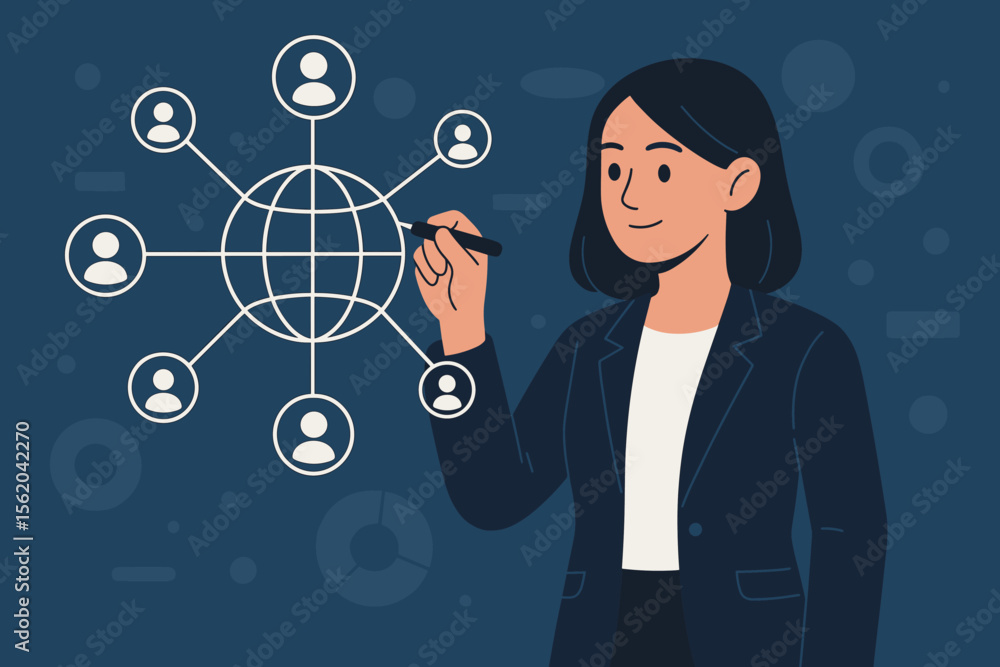 Poster businesswoman drawing global structure networking diagram for data exchanges and customer connection