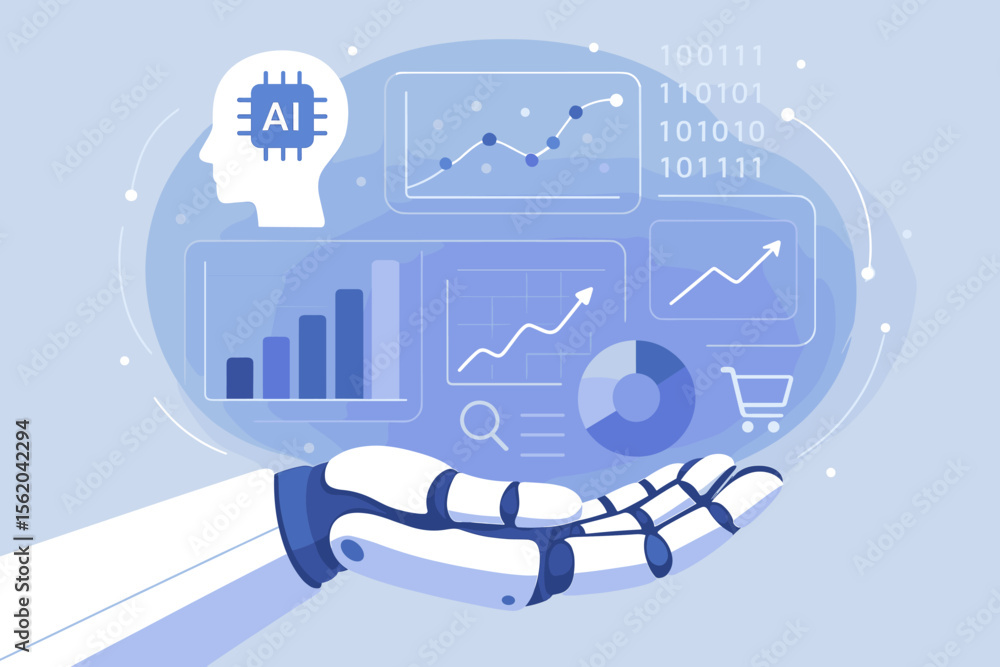 Poster ai marketing concept with robotic hand holding data analytics dashboard. artificial intelligence for