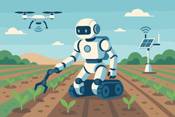 Smart farming concept with an agricultural robot and drone working in a field. Futuristic technology, automation, and AI for precision agriculture. Modern flat vector illustration.
