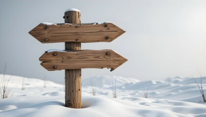 Fototapeta premium Photorealistic Wooden Arrow Signs in Peaceful Snow, Covered Landscape