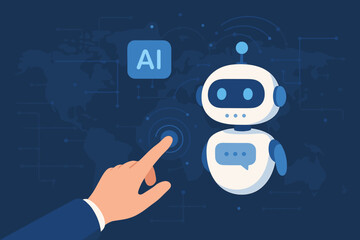 AI chatbot concept with human hand interacting with a robot. Artificial intelligence, machine learning, and deep learning technology. Global network for data access and customer support.