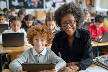 Smiling Black female teacher with glasses helping an 8-year-old boy with curly red hair use a tablet in a classroom surrounded by other students. Education and technology theme.