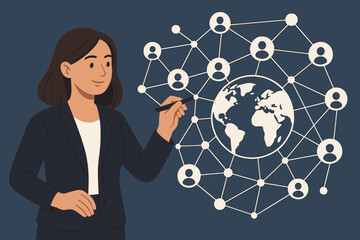 Businesswoman drawing global structure and networking concept. Customer relationship management, CRM, client service, digital marketing and worldwide data exchange. Social connection.